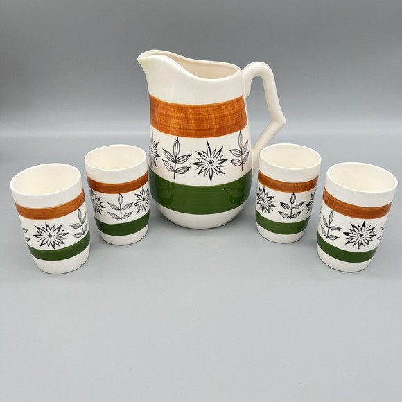 VTG Royal Sealy 1950 MCM Hand-Painted Ceramic Pitcher 4 Cups Juice Set Japan - Picture 1 of 9